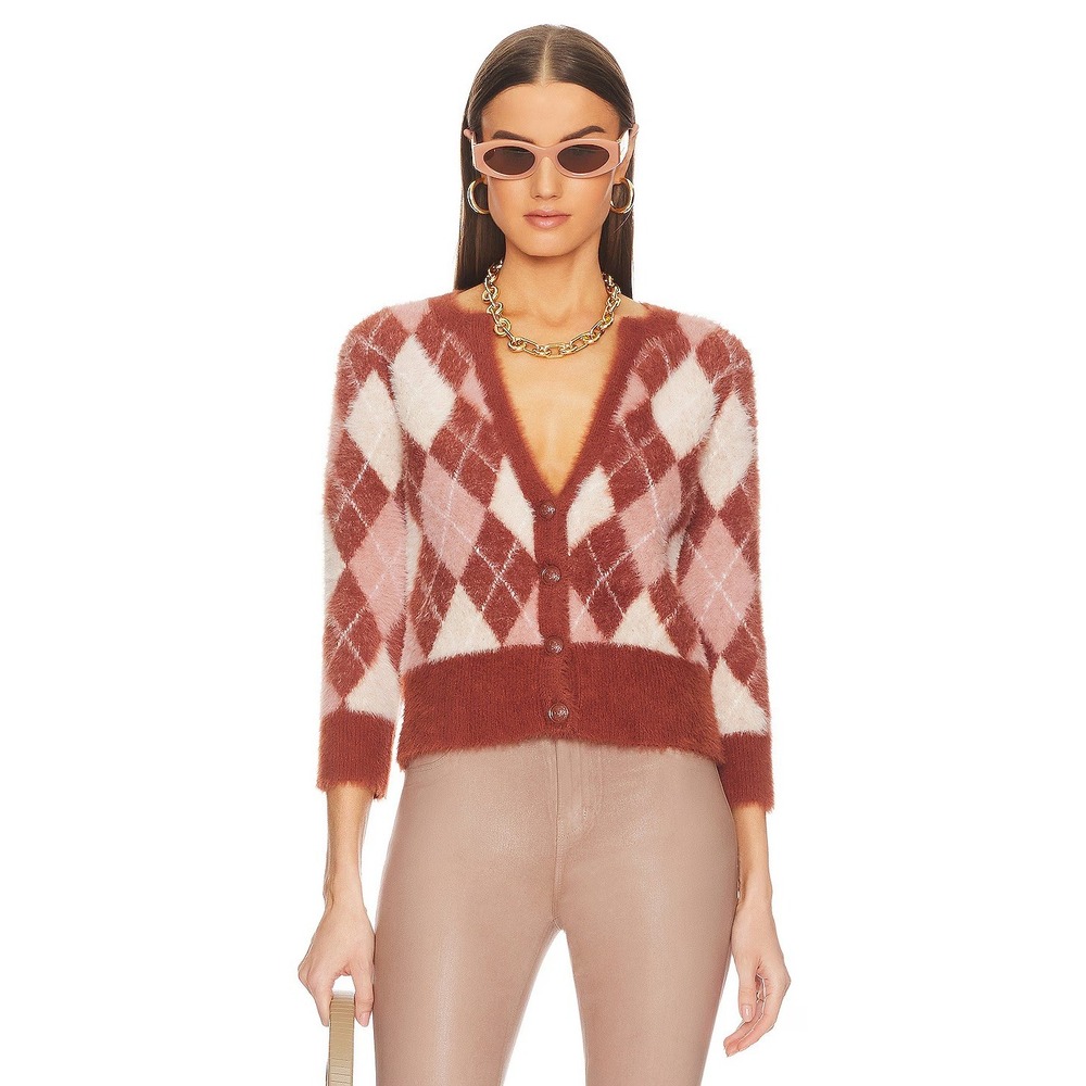NWT L'AGENCE Saylor Cardigan Sz XXS Red Pink Argyle Fuzzy Eyelash Knit Chic Sexy